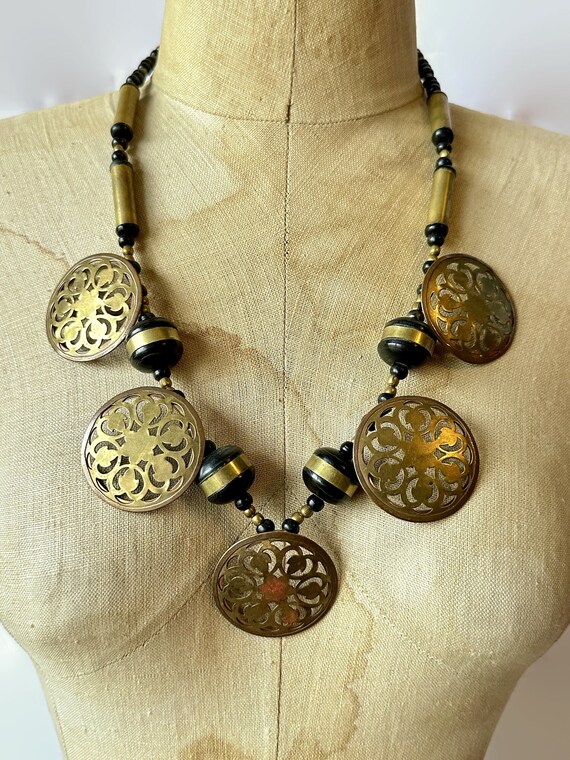 Boho Necklace, Brass, Wood, Beaded, 70s, Vintage,… - image 3