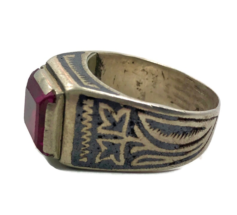 Middle Eastern Boho Jewelry Nomadic Vintage Ring Old Silver Ring Size 8 12 Afghan Ring Unisex Gypsy Red Glass Pakistan
