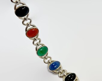 Stone Bracelet, Onyx, Chalcedony, Green, Black, Sterling
