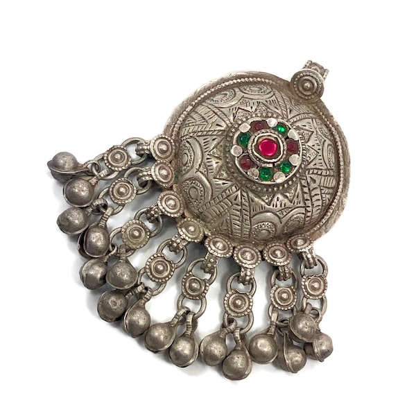 Old Silver Pendant, Vintage Pendant, Middle Eastern, Afghan Pendant, Pakistan, Large, Jeweled, Balochi Tribe, Nomadic, Kuchi, Gypsy