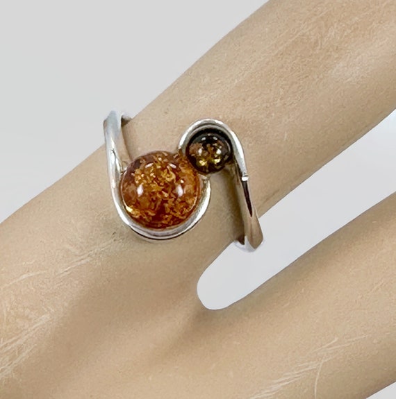 Amber Ring, Sterling Silver, Two Tone Amber, Green