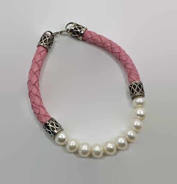 Pearl Bracelet, Sterling Silver, Pink Leather, Cu… - image 2