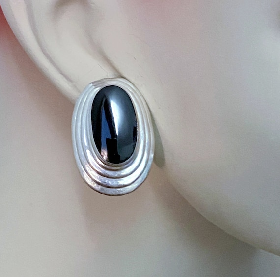 Black Onyx Earrings, Sterling Silver, Modern, Vin… - image 2