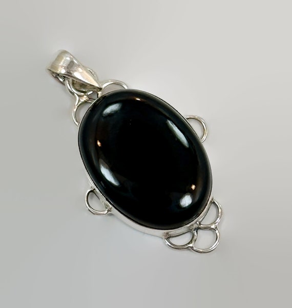 Black Onyx Pendant, Sterling Silver, Vintage Penda