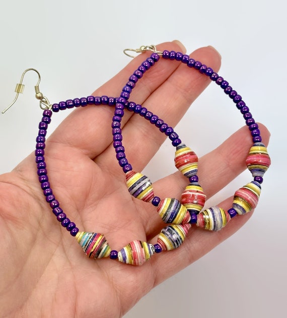 Purple Earrings, Huge, Paper Beads, Handcrafted, … - image 1