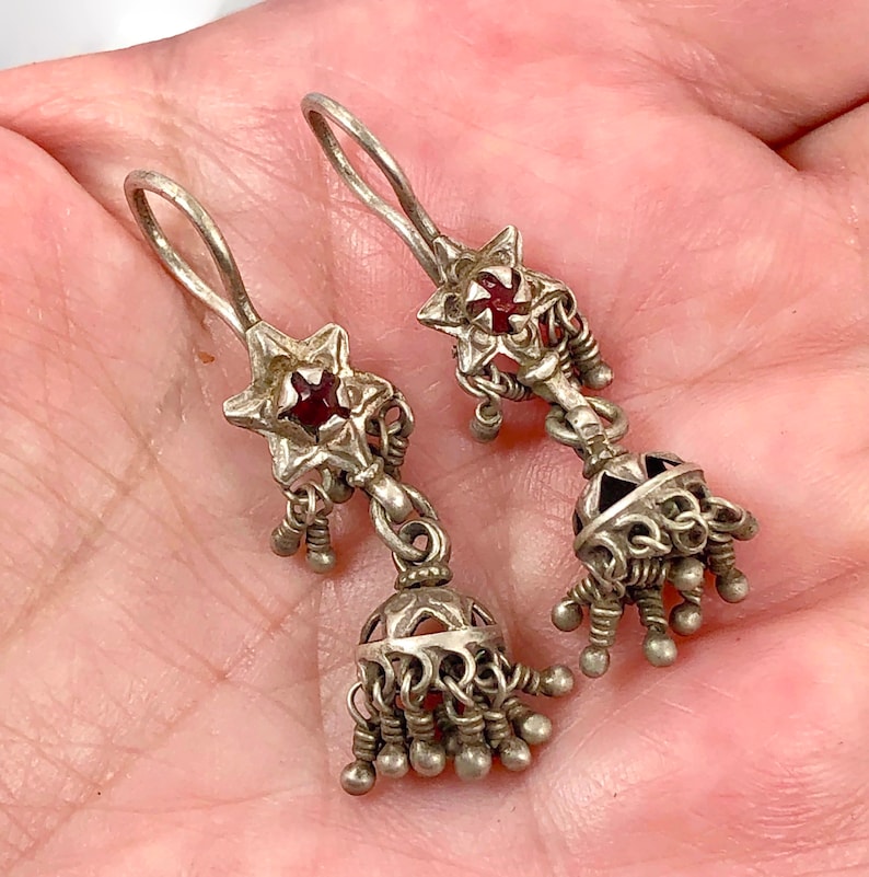 Red Jewels Tassels Earrings Afghan Middle Eastern Earrings Kashmir Jhumka Old Silver Pakistan