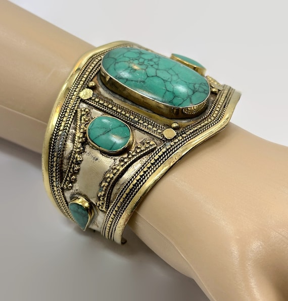 Kuchi Cuff, Afghan, Vintage Bracelet, Green Jaspe… - image 2