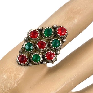Old Silver Ring, Pakistan, Middle Eastern, Vintage Ring, Size 7, Red Glass, Green, Pakistan, Swat Valley, Afghan, Statement Ring