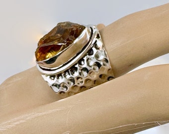 Bague citrine, argent sterling, citrine brute, grande pierre, bague vintage, moderne, large, chunky, grande déclaration, taille 7 1/2