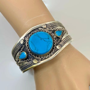 Boho Bracelet, Kuchi Cuff, Afghan, Turquoise, Vintage, Middle Eastern, Silver Cuff, Silver, Composite Stone, Wide, Afghan, Ethnic, Tribal