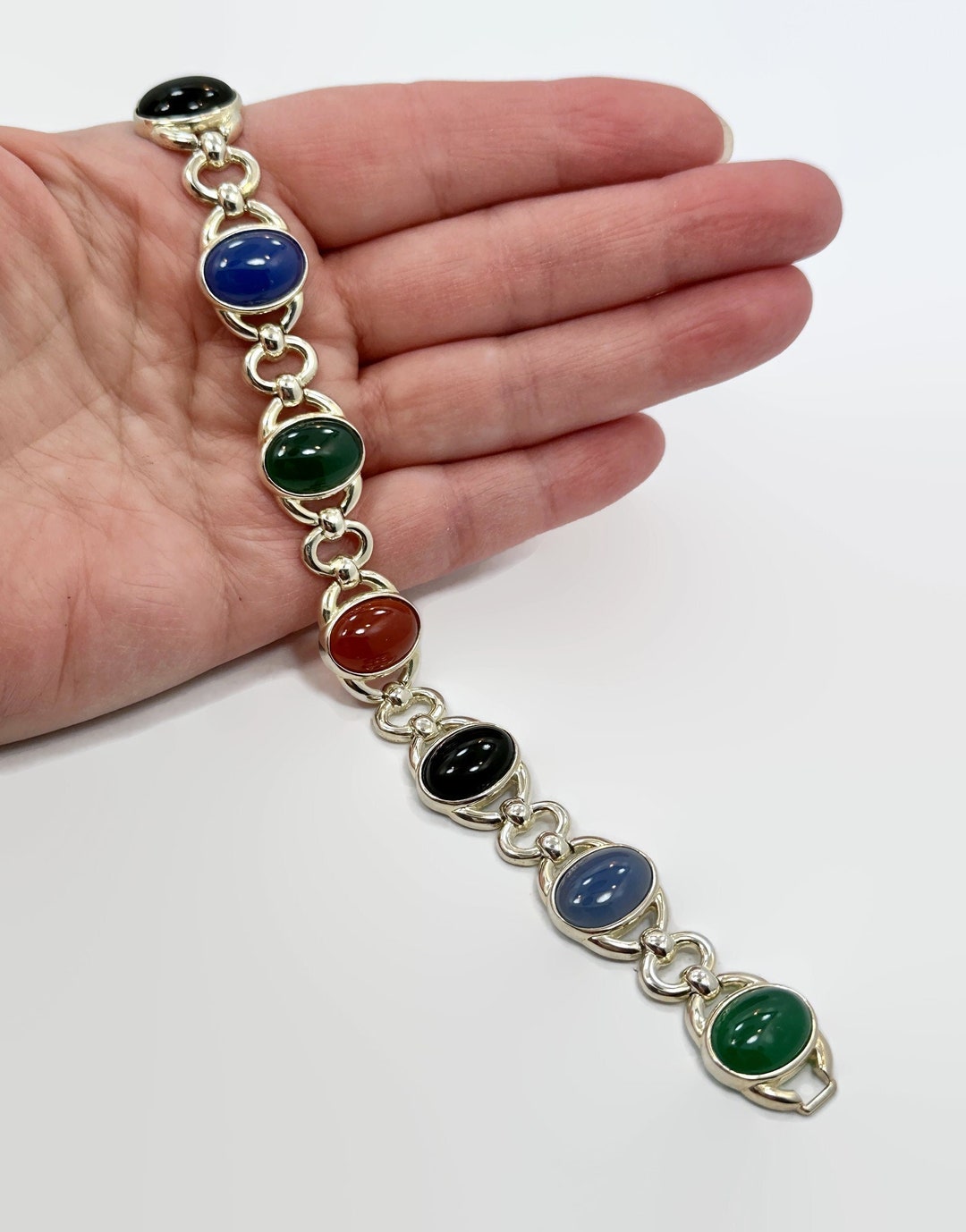 Stone Bracelet, Onyx, Chalcedony, Green, Black, Sterling Stone Bracelet, Onyx, Chalcedony, Green, Black, Sterling