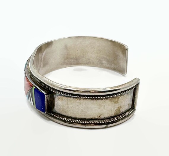 Signed Native American Zuni Turquoise Spiny Oyster Lapis Sterling Silver Sunface Bracelet Signed Native American Zuni Turquoise Spiny Oyster Lapis Sterling Silver Sunface Bracelet