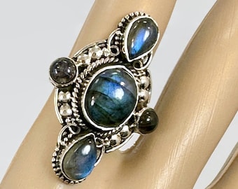 Labradorite Ring, Sterling Silver, Bali, Wide, Vintage Ring, 5 Stones, Big Statement, Size 6 1/2, Blue Stones