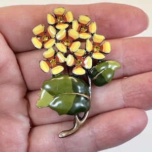 Flower Brooch, Vintage, Enamel, Rhinestone, Peach, Orange, Leaves, Bouquet