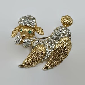 Poodle Brooch, KJL, Kenneth Lane, Gold, Rhinestones, 90s, Designer, Figural, Dog, Vintage Pin