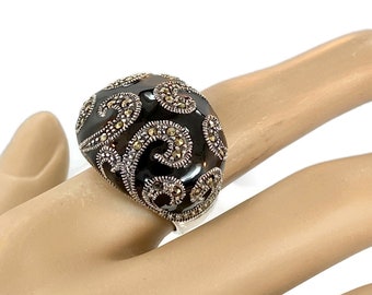 Marcasite Ring, Black Enamel, Sterling Silver, Vintage Jewelry, Big Statement, Size 6, Black Ring, Art Nouveau Style, Large