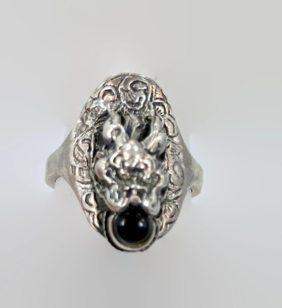 Dragon Ring, Onyx, Asian, Sterling Silver, Vintag… - image 2