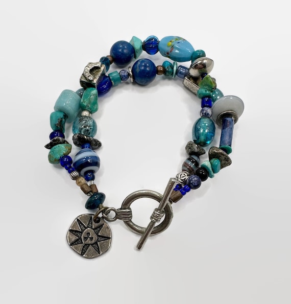 Turquoise Bracelet, Glass, Blue, Pyrites, Sun, Mu… - image 1