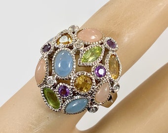 Gemstone Ring, Blue Chalcedony, Peridot, Citrine, Sterling Silver, Amethyst, Pastel, Domed, Vintage, Size 6 1/2, Big, Multi, Mixed Stones