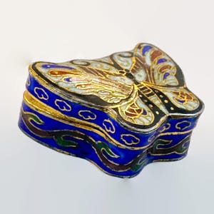 Cloisonné Box, Butterfly Trinket Box, Enamel, Pill Box, Ring Box, Blue, Gold, Vintage