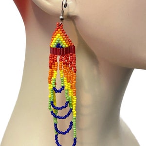 Rainbow Earrings, Seed Beaded, Vintage Earrings, Boho, Woven, 4 3/3&quot; Long, Festival, Pierced, Large, Big
