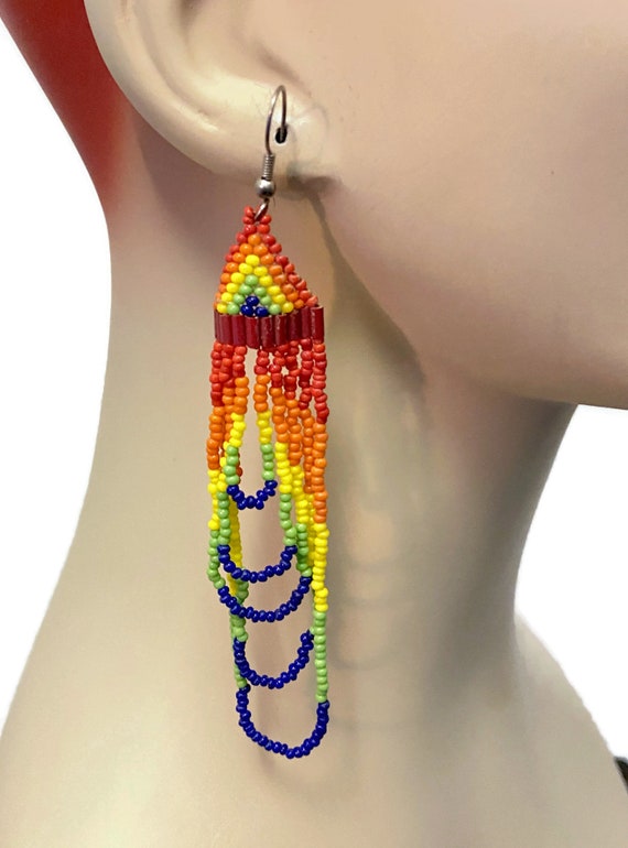 Rainbow Earrings, Seed Beaded, Vintage Earrings, B