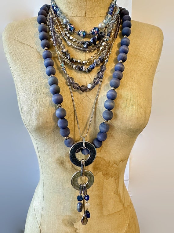 Blue Necklace Lot, Layered, Glass, Chicos, Wood, S