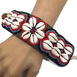 African Shell Bracelet, Cowrie Shells, Glass Beads, Vintage Bracelet, Red, Blue, Wide, Unique, Ethnic, Boho