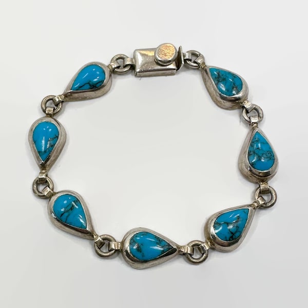 Turquoise Bracelet, Sterling Silver, Vintage Bracelet, Mexico, Links, Linked, Layer, Stack