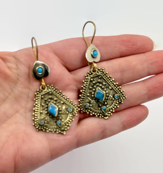 Afghan Earrings, Turquoise, Brass, Silver, Middle… - image 2