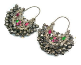Hoop Earrings, Afghan, Kuchi Earrings, Jewels, Vintage Earring, Middle Eastern, Ear Weights, Pink, Green, Pierced, Silver