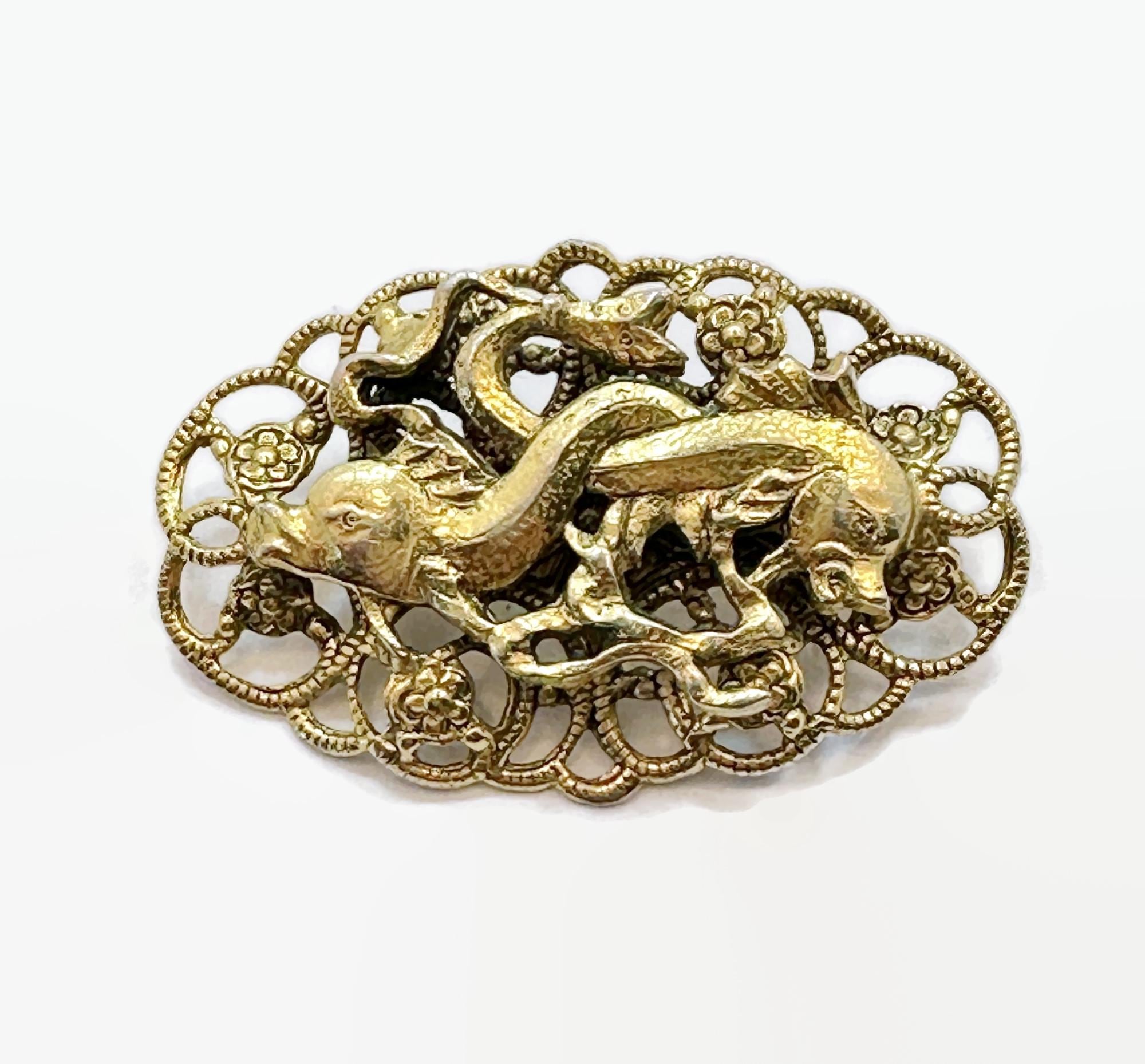 ヴィンテージ ブローチ、ダブルフィッシュ、魚座、装飾、フィラグリー