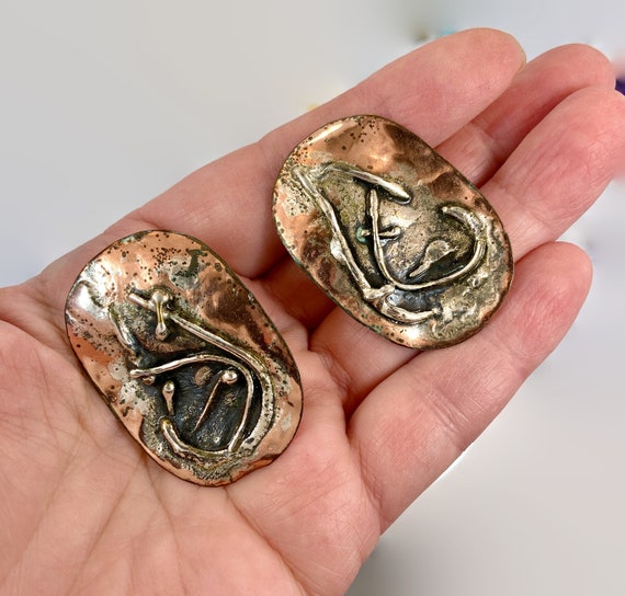 Boucles D'oreilles Brutalistes Vintage Années 50 - Laiton Doré, Clips, Style Rétro