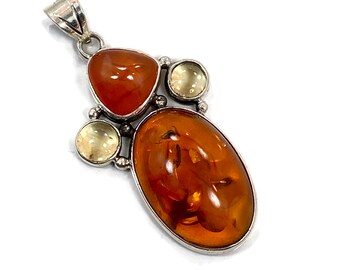 Amber Pendant, Carnelian, Citrine, Sterling Silver, Vintage Pendant, 2 1/4" Long, Mixed Stones, Big, Boho