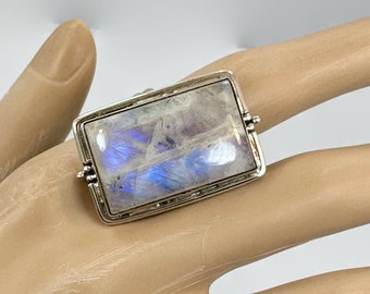 Moonstone Ring, Sterling Silver, Big Stone, 1 1/4"" Long, Handcrafted, Artisan, Adjustable, 6,7,8,9,10,  Blue Flash, As-Is