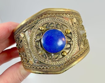 Lapis Bracelet, Afghan, Middle Eastern,  Kuchi Jewelry, Wide, Silver, Brass, Mixed Metal, Composite Stone, Vintage Cuff