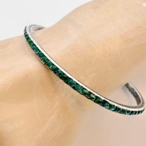 Art Deco Bracelet, Sterling Silver, Channel Set, Etched, Green Rhinestone, Bangle, 1920s, 1930s, Antique, Vintage, Emerald Green, Stacking