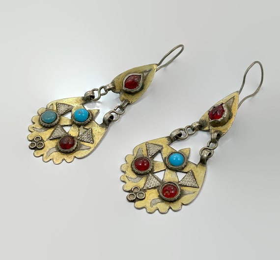 Middle Eastern Earrings, Old Silver, Gold Wash, V… - image 2