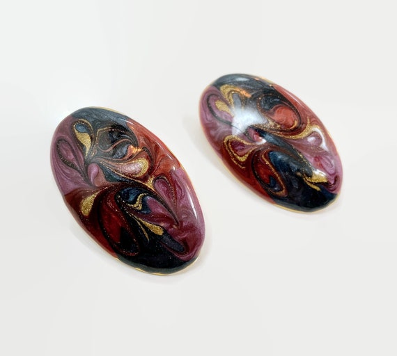 Enameled Earrings, Purple, Teal, Red, Unique, Han… - image 1