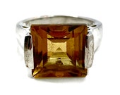 Citrine Ring, Sterling Silver, Vintage Ring, Big Stone, Size 7 1 2, Art Nouveau Style, Unique Setting, Statement Ring