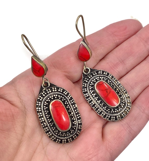 Red Jasper Earrings, Kuchi, Afghan, Middle Easter… - image 2