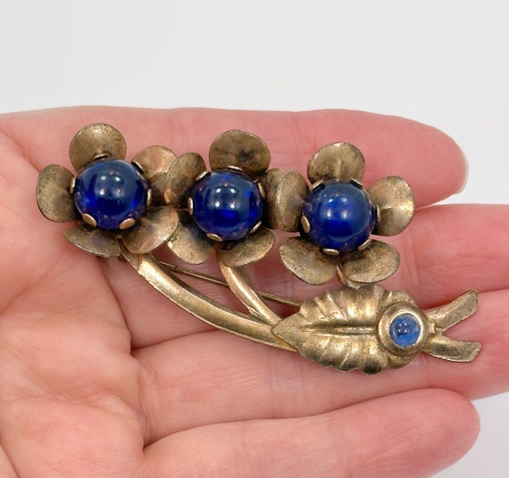 Flower Brooch, Blue Lucite, Copper Tone, 40s, 50s… - image 1