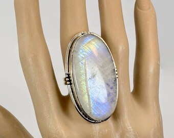 Moonstone Ring, Sterling Silver, Big Stone, 2"" Long, Handcrafted, Artisan, Adjustable, 6,7,8,9,10, Massive, Rainbow, Blue Flash