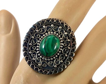 Malachite Ring, Sterling Silver, Vintage Jewelry, Size 8 1/2, Green Stone