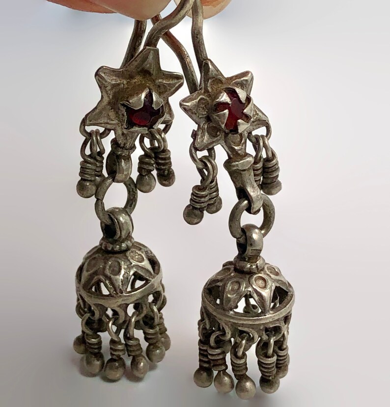 Red Jewels Tassels Earrings Afghan Middle Eastern Earrings Kashmir Jhumka Old Silver Pakistan