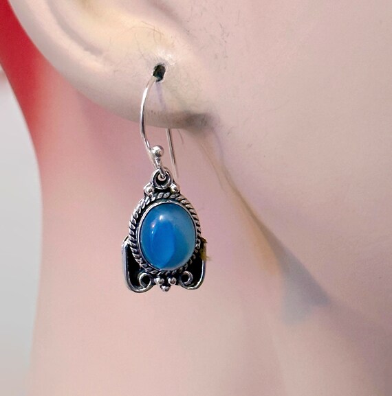 Boucles D'Oreilles Argent Sterling 925 & Calcédoine - Fait Main Inde - Neuf Sans Boîte