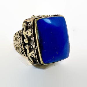 Vintage Kuchi Ring: Blue Lapis Brass Afghan Jewelry, Size 6.25