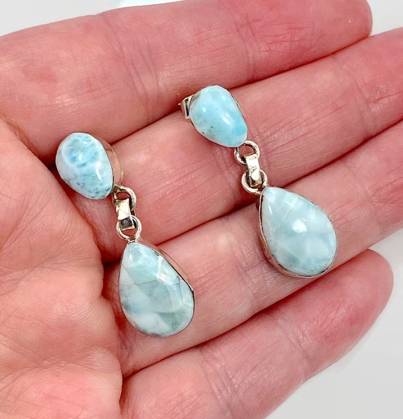 Larimar Earrings, Blue Stone, Sterling Silver, Vi… - image 3