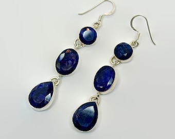 Blue Stone Earrings, Sterling Silver, Artisan, Pierced, Dangle, Blue Hathipada, 2 3/4" Long