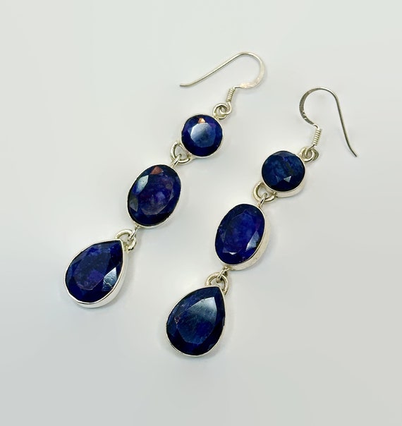Blue Stone Earrings Sterling Silver Artisan Pierced Dangle Blue Hathipada 2 3 4 Long Etsy